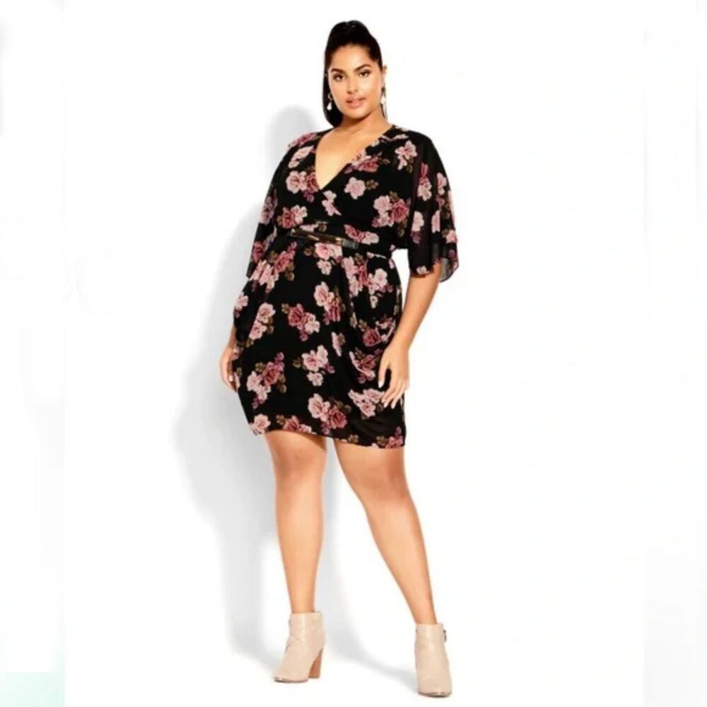City Chic Ashley Floral Faux Wrap Dress Black Plus Size 24 NWT